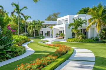 Obraz premium Opulent Home on Tropical Island with Lush Green Lawn, White Walls, and Colorful Flowers