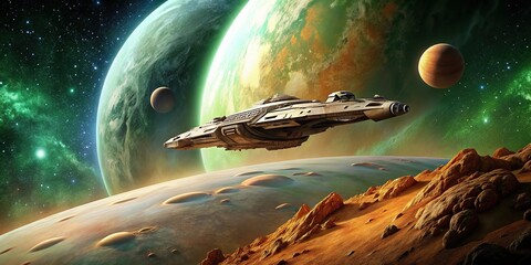 Forced Perspective Large Cruiser Spacecraft Flying Over Rocky Brown Green Planet Landscape in Sci Fi Comic Book Style