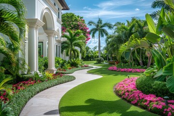 Fototapeta premium Opulent Home on Tropical Island with Lush Green Lawn, White Walls, and Colorful Flowers