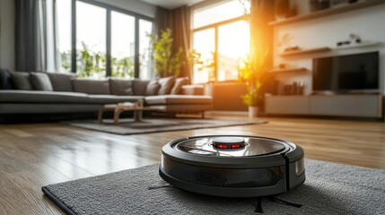 A robot vacuum cleaning the floor autonomously, part of a connected smart home system, convenience in automation
