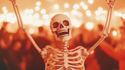 Festive skeleton with hands raised, vibrant celebration background, joyful atmosphere.