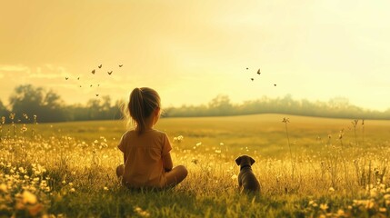 Little girl is sitting in a peaceful, open field with a small puppy nearby, surrounded by soft, calm scenery. The background features a clear sky and gentle greenery
