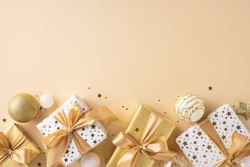 Beautifully wrapped Christmas gifts with luxurious gold ribbons surrounded by festive decorations, conveying a sense of elegance and celebration