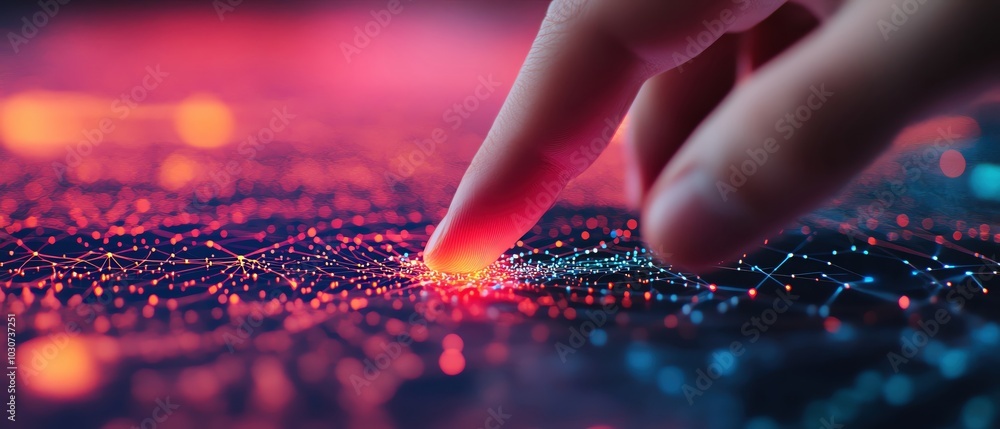Aufkleber finger touching a digital interface with glowing connections and data points.
