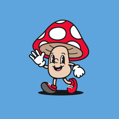 Mushroom Waving Hand Retro Mascot Cartoon Vector Illustration