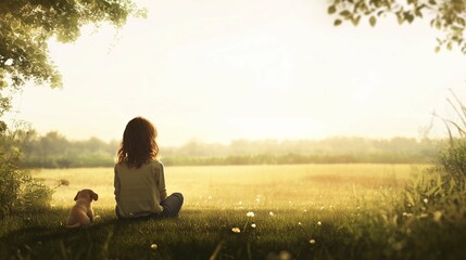 Little girl is sitting in a peaceful, open field with a small puppy nearby, surrounded by soft, calm scenery. The background features a clear sky and gentle greenery
