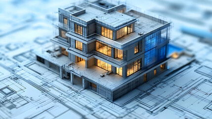 Architectural model on blueprints, showcasing modern design.