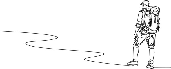 Fototapeta premium continuous single line drawing of hiker with backpack following footpath, line art vector illustration