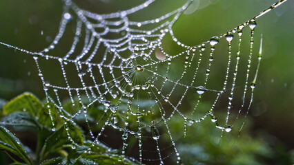 macro view of raindrops on a spider web, reflecting tiny rainbows against a blurred natural background