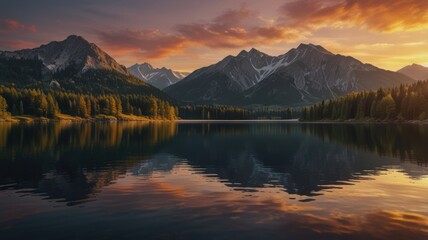 A serene mountain lake with a vibrant sunset sky and its reflection in the water.
