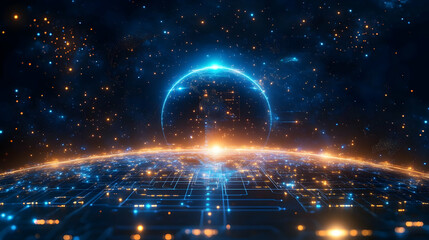 Futuristic digital landscape with glowing circuitry and cosmic elements.