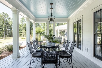 Coastal Style Porch with Light Blue Ceiling, White Walls, Black Metal Chairs, and Glass Table