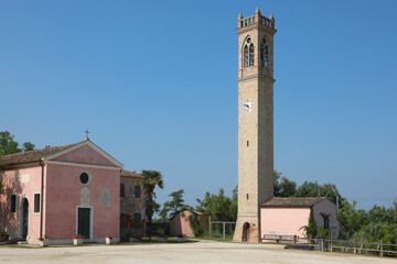 Fototapeta premium village square with bell tower of the locality MESOLE near the island of VENICE italy and small pink church