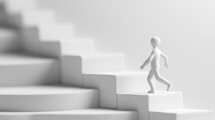 3D rendering of figure ascending white stairs symbolizes progress and leadership. This evokes sense of determination and ambition in reaching new heights