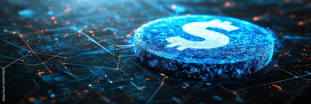 Poster digital us dollar coin on circuit board cryptocurrency and blockchain technology concept