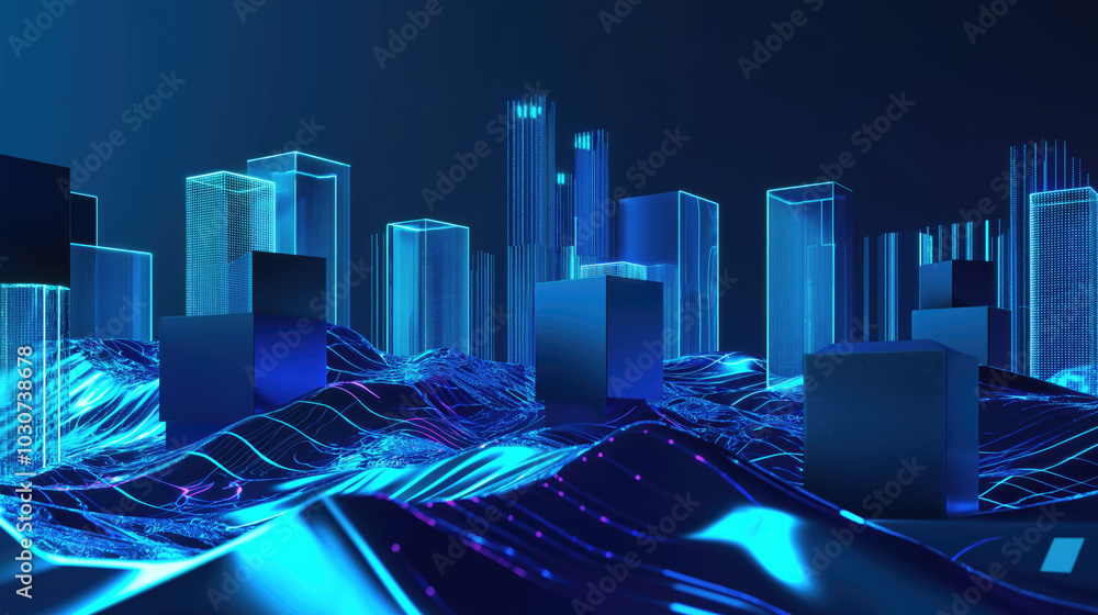 Poster futuristic digital 3d background with glowing blue neon cubes and waves.technological minimalist blu