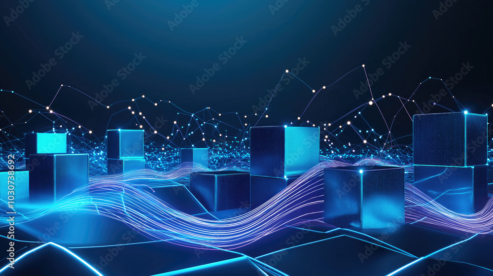 Poster futuristic digital 3d background with glowing blue neon cubes and waves.technological minimalist blu