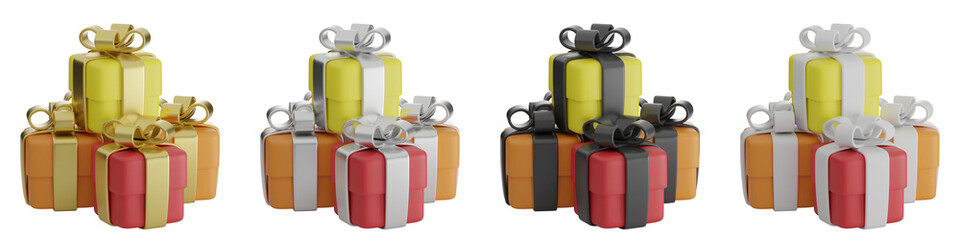 set of 3d Christmas box with transparent background, PNG, 3d render Valentine present box, yellow, orange and red gift box