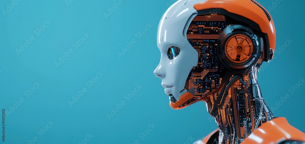 Poster futuristic robot head with intricate circuitry and a sleek design on a vibrant blue background.