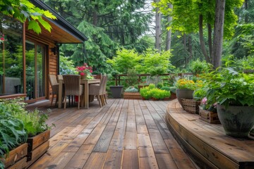 Impressionist-Style Wooden Deck with Garden Boxes and Dining Table Surrounded by Lush Green Trees in American Backyard