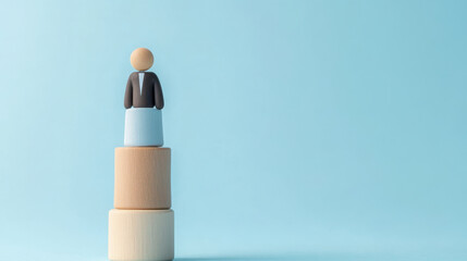 wooden figure stands confidently atop stacked blocks, symbolizing leadership and growth. This conveys sense of achievement and support in career development