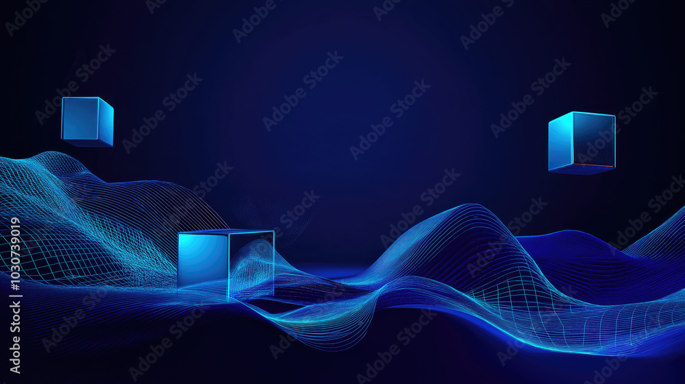 Poster futuristic digital 3d background with glowing blue neon cubes and waves.technological minimalist blu