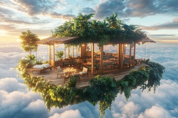 A cozy cafe nestled on a floating island above the clouds with lush greenery, natural wood furniture, and large open-air windows overlooking the sky