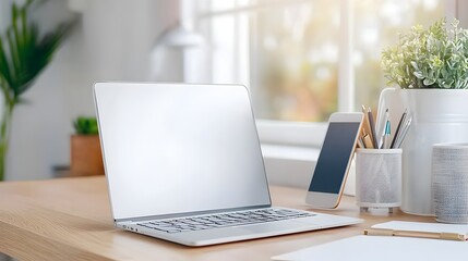 Sleek and Efficient Home Office Workspace with Laptop Smartphone and Other Digital Devices on a Minimalist Desk for Remote Work and Productivity