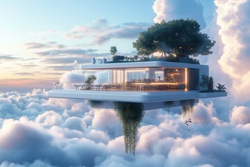A cozy minimalist cafe located on a floating platform in the sky with clear views of the clouds and a sleek modern aesthetic