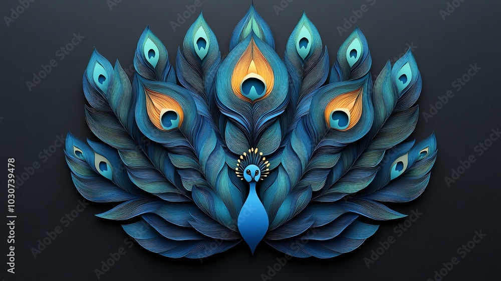 Poster paper cut peacock feather pattern with perfectly mirrored, intricate layers, creating a luxurious sy