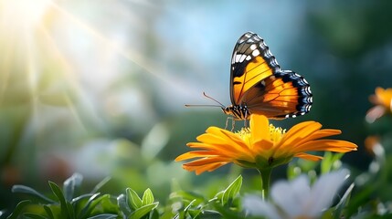 Fototapeta premium Captivating butterfly resting gracefully on a vibrant colorful flower in a lush summer garden The delicate insect sits amidst the bloom s delicate petals creating a peaceful serene natural scene