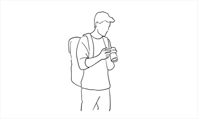 Man traveler looking at the camera continuous line art drawing isolated on white background. Adventure vector illustration	