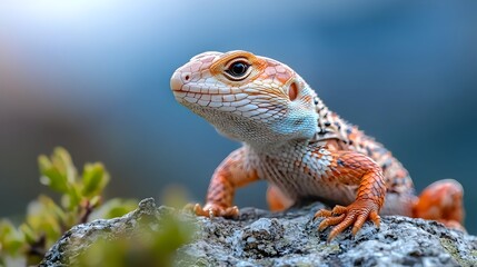 A close up view of a lizard sunbathing on a rock its intricate scale patterns shimmering in the warm light  The reptile is in a state of relaxation blending seamlessly with its natural environment