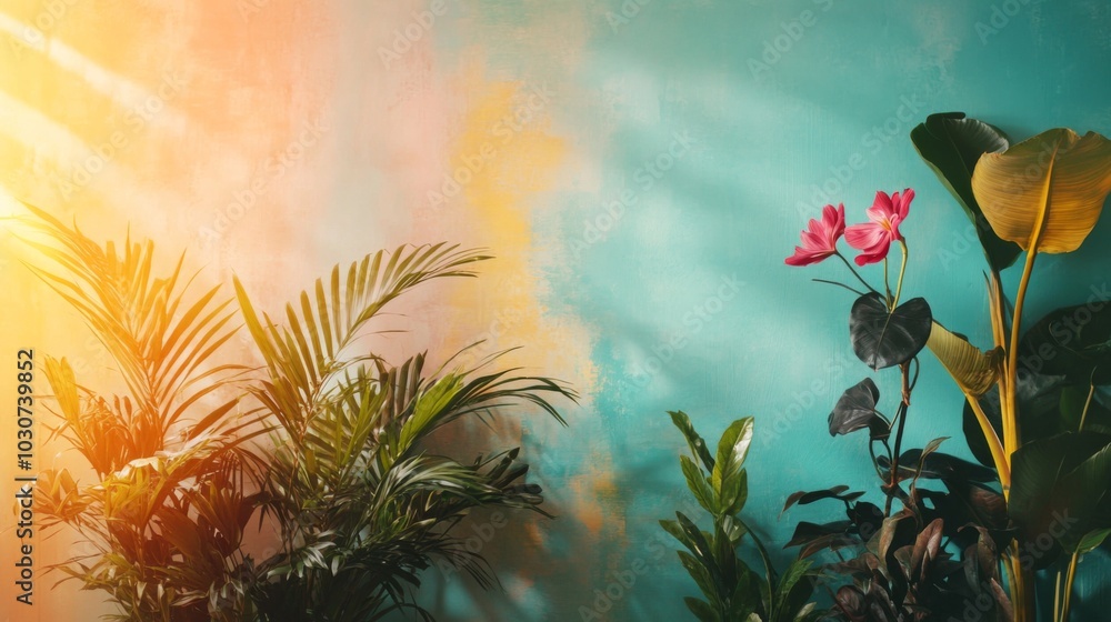 Poster Tropical Plants Against Turquoise Wall