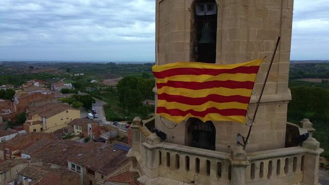 Catalan Flag Waving at Church Santa Maria de Les Borges Blanques 4k drone