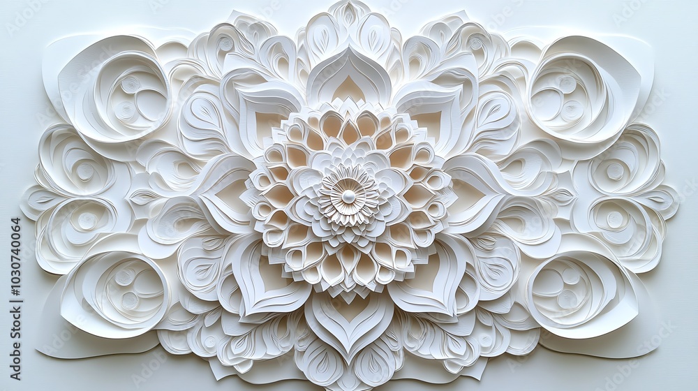 Poster symmetrical paper cut mandala with intricate, repeating geometric shapes, creating a balanced design