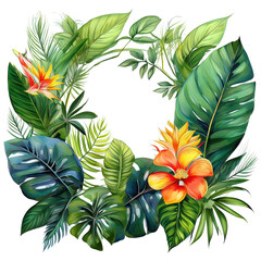 Obraz premium Vibrant tropical leaf wreath with colorful flowers, white isolated background. transparent