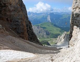 steep and precipitous gully made of rocks and stones to reach the valley by following a tiring mountain path