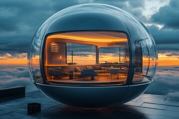 A futuristic cafe nestled within a floating glass bubble, offering a 360-degree view of the sky with sleek modern furniture and warm ambient lighting