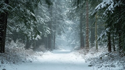 Snowy forest in the Pacific Northwest, with large open space for cop