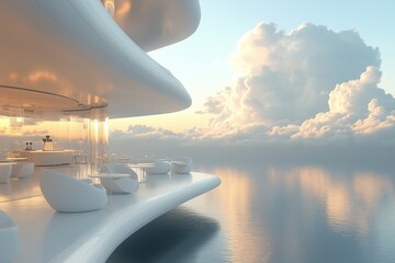 A futuristic floating cafe featuring clean lines, minimalist white furniture, and a stunning view of the clouds glowing in the soft morning light