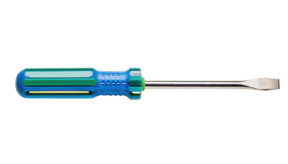 Screwdriver with blue and green handle, isolated on white background. transparent