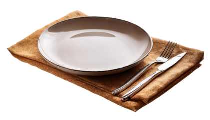 Plate, cutlery, and napkin arranged on a table setting with elegant presentation. transparent