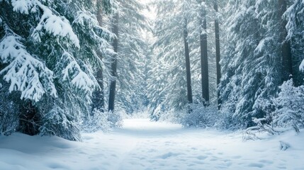 Snowy forest in the Pacific Northwest, with large open space for cop