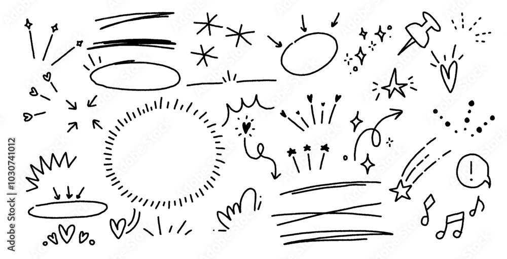 Poster Emphasis Doodle Icon Set Elements for Text Decoration in Vector Style, Including Arrows, Speech Bubbles, and Abstract Patterns.