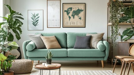 Cozy Living Room with Green Sofa and Indoor Plants