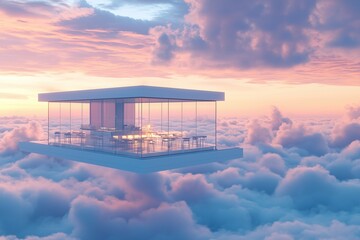 A minimalist cafe on a floating glass platform in the clouds, surrounded by soft pastel skies at dawn, providing a calm and elegant atmosphere