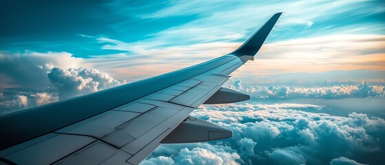 Obraz premium Airplane wing above clouds at sunset