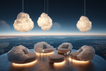A minimalist floating cafe with soft lighting and cloud-inspired furniture, offering an elegant and peaceful escape high above the earth