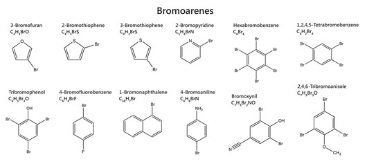 Chemical structure and molecular formulas of bromoarenes. Bromarenes are aromatic compounds containing one or more bromine atoms attached to a benzene ring. White background.